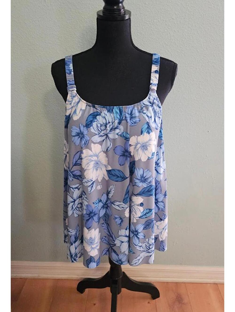 Tankini Top Light Blue Grey and White Floral Pattern 16W